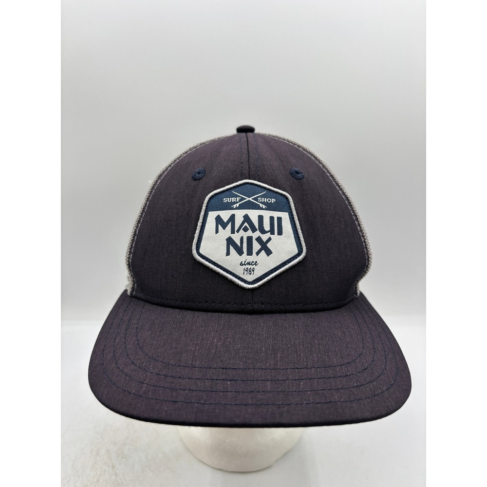 Maui Nix Surf Shop Trucker Hat Snapback Pukka Mesh Patch Logo Navy Gray 1989